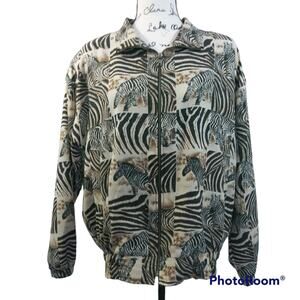 Pat P Brown Zebra Safari Bomber Jacket Novelty Animal Print Bold Sz L